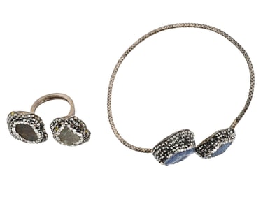 VINTAGE STERLING SILVER GEMSTONE BRACELET AND RING SET