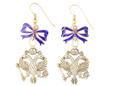 RUSSIAN GILT SILVER ENAMEL DANGLE EARRINGS W RUBIES