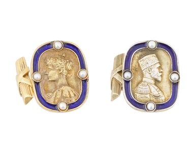 RUSSIAN GILT SILVER ENAMEL NICHOLAS II CUFFLINKS