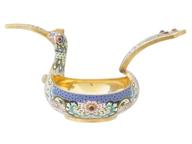 EXTRA LARGE RUSSIAN ENAMEL SILVER BIRD KOVSH W GEMS