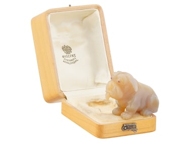 RUSSIAN CARVED AGATE GOLD RUBY DOG FIGURE IN BOX