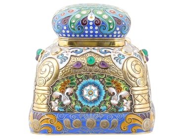 LARGE RUSSIAN GILT SILVER ENAMEL TEA CADDY W GEMSTONES