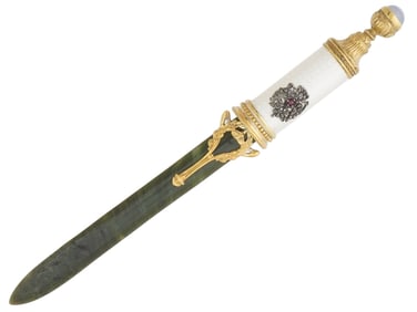 RUSSIAN SILVER LETTER OPENER W NEPHRITE BLADE GEMSTONES