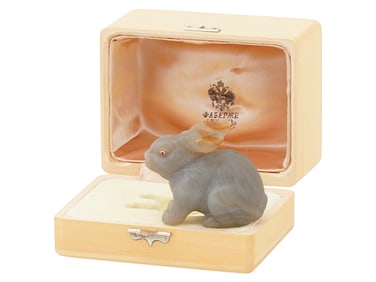 RUSSIAN CARVED AGATE RABBIT W GOLD RUBY EYES IOB