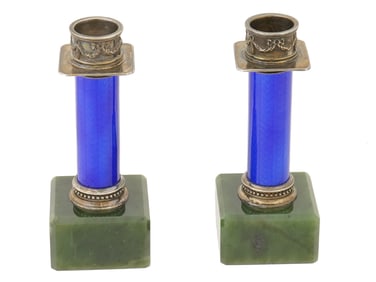 RUSSIAN SILVER GUILLOCHE ENAMEL JADE CANDLESTICKS