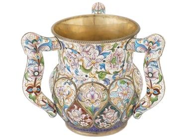 RUSSIAN 88 GILT SILVER AND ENAMEL THREE HANDLED CUP