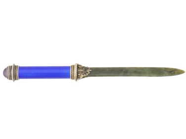 RUSSIAN GILT SILVER ENAMEL AND JADE LETTER OPENER