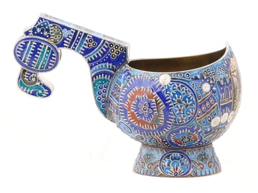 LARGE RUSSIAN SILVER ENAMEL KOVSH W MINIATURE PAINTING