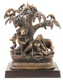 ASIAN KRISHNA RADHA TREE BRONZE SCULPTURE WOOD STAND