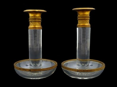ANTIQUE EMPIRE GILT BRONZE CRYSTAL CANDLE HOLDERS