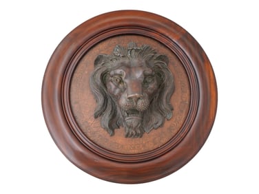 VINTAGE BRONZE LIONS HEAD ON WOOD WALL PANEL