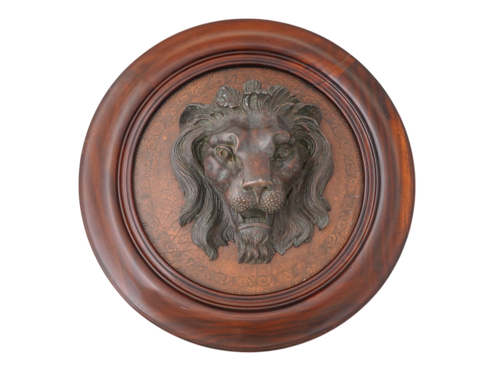 VINTAGE BRONZE LIONS HEAD ON WOOD WALL PANEL (1 of 5)