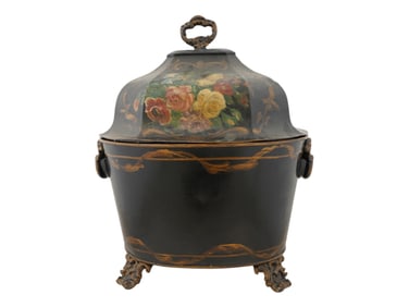 ANTIQUE REGENCY STYLE COAL SCUTTLE WITH FLORAL DECOR
