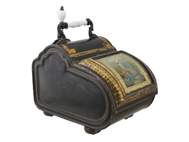 ANTIQUE ENGLISH TOLEWARE COAT SCUTTLE WITH SHOVEL