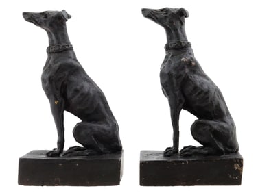 PAIR OF FIGURAL WHIPPET DOG PATINATED BRONZE BOOK ENDS