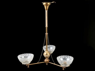 VINTAGE THREE LIGHT GAS CHANDELIER WITH LAMPSHADES