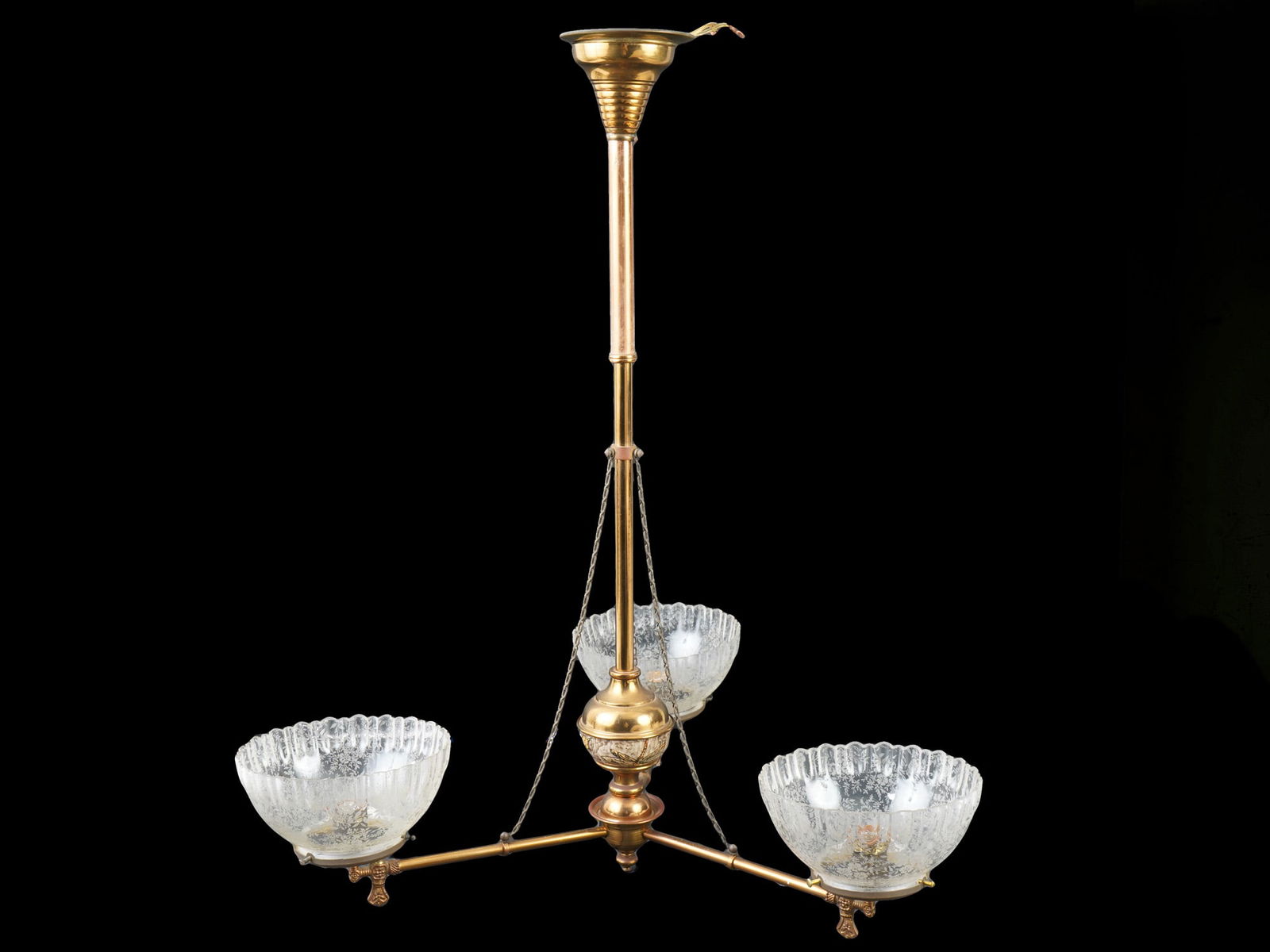 VINTAGE THREE LIGHT GAS CHANDELIER WITH LAMPSHADES (1 of 12)