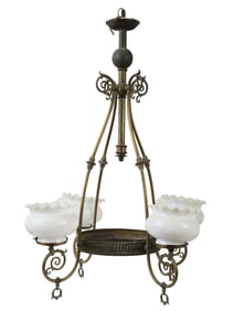 ANTIQUE 4 LIGHT BRASS CEILING CHANDELIER W GLASS SHADES