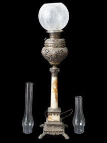 ANTIQUE VICTORIAN ELECTRIFIED GLASS METAL OIL LAMP