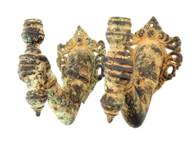 ANTIQUE INDIAN SCULPTURAL BRASS TORCH OR CANDLE HOLDERS