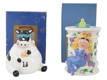 MISS PIGGY AND COW FIGURAL PAINTED CERAMIC COOKIE JARS