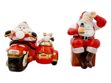 TWO AMERICAN PAINTED SANTA CERAMIC COOKIE JARS