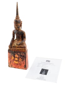 19TH C LAOS WOOD SCULPTURE OF SEATED BUDDHA W COA