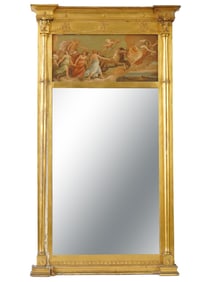 ANTIQUE 19TH CEN GILT WOOD TRUMEAU MIRROR W PAINTING