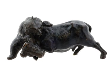 ANTIQUE JAPANESE BULL BEAR BRONZE OKIMONO SCULPTURE