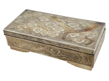 ANTIQUE JAPANESE SILVER BOX WITH CHERRY NIELLO DESIGNS