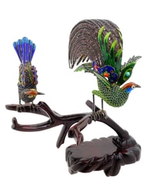 CHINESE FILIGREE RETICULATED SILVER ENAMEL BIRDS