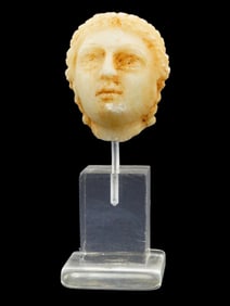 ANCIENT ROMAN CARVED MARBLE HEAD OF A WOMAN ON A STAND