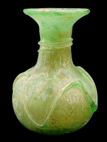 ANCIENT ROMAN GREEN GLASS VASE WITH SNAKE DECOR