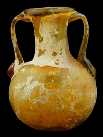 ANCIENT ROMAN BROWN GLASS BOTTLE W TWO HANDLES