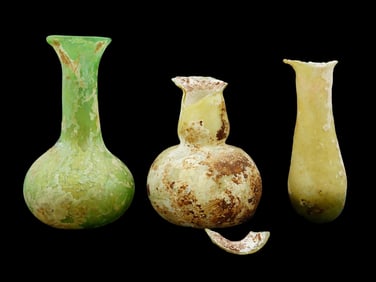 LOT OF THREE ANCIENT ROMAN GREEN GLASS VESSELS