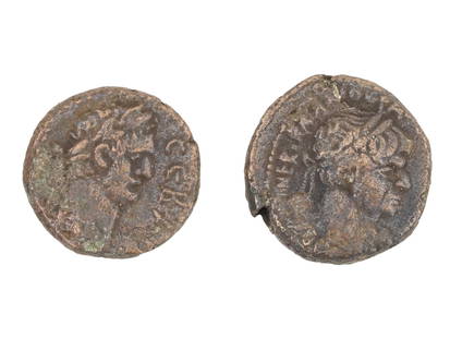 PAIR OF ANCIENT GREEK BRONZE COINS CA 400 TO 200 BC: A pair of ancient Greek bronze coins. Circa 400 to 200 BC. The obverse of both coins depicts portraits of rulers, possibly from the Ptolemaic dynasty, in right profile and traces of lettering. The rev
