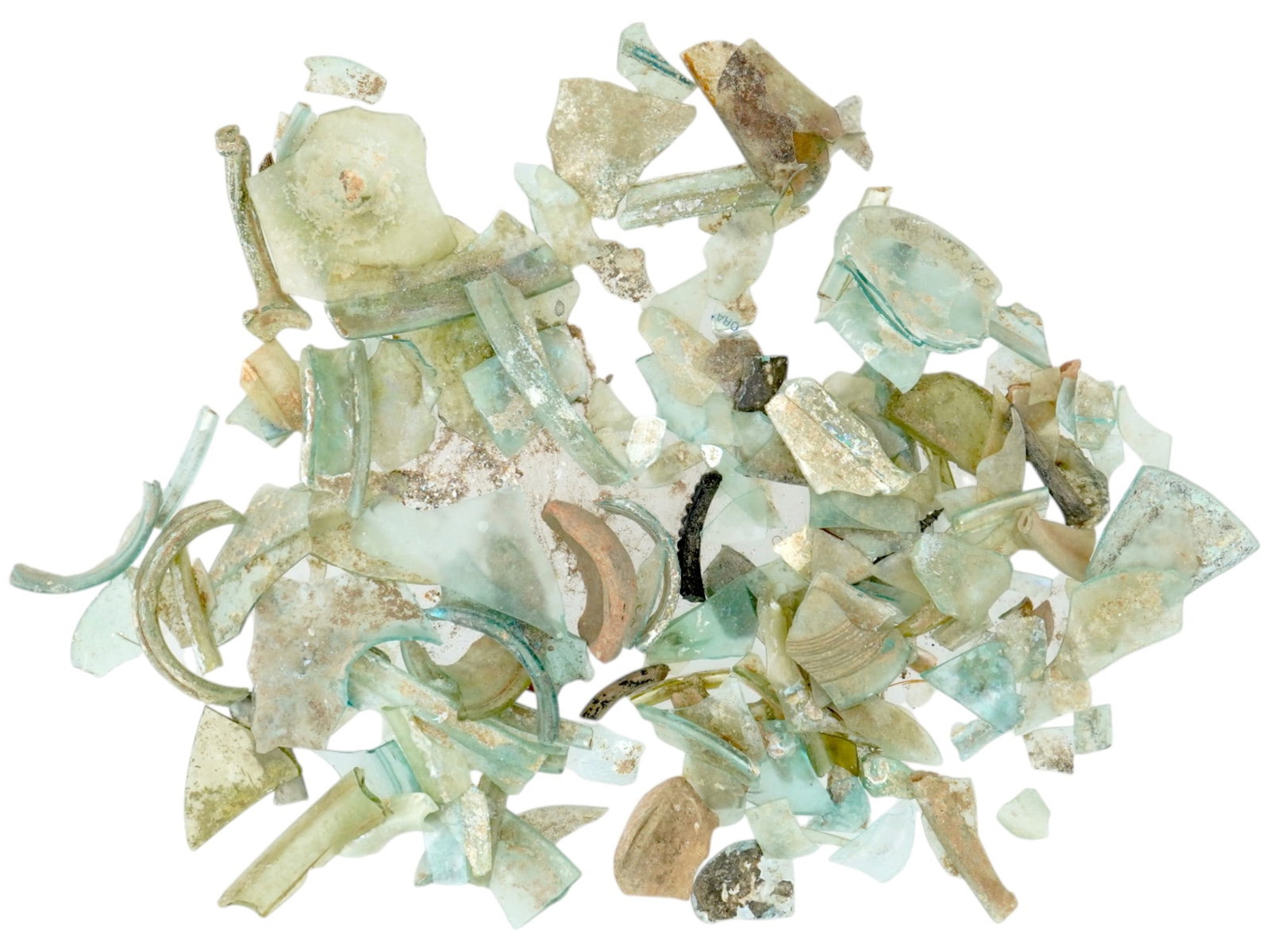 ANCIENT ROMAN PATINA WITH IRIDESCENT GLASS SHARDS: A collection of ancient Roman glass shards in various sizes and shapes. Ca. 100 BC to 100 AD. The pieces are decorated with patina with iridescent. Ancient Greco Roman Glass Wares and Collectibles. To