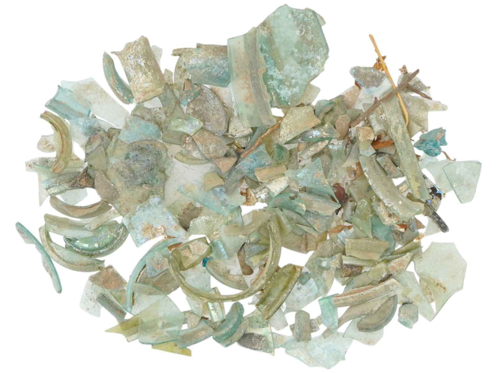 ANCIENT ROMAN PATINA WITH IRIDESCENT GLASS SHARDS: A collection of ancient Roman glass shards in various sizes and shapes. Ca. 100 BC to 100 AD. The pieces are decorated with patina with iridescent. Ancient Greco Roman Glass Wares and Collectibles. To