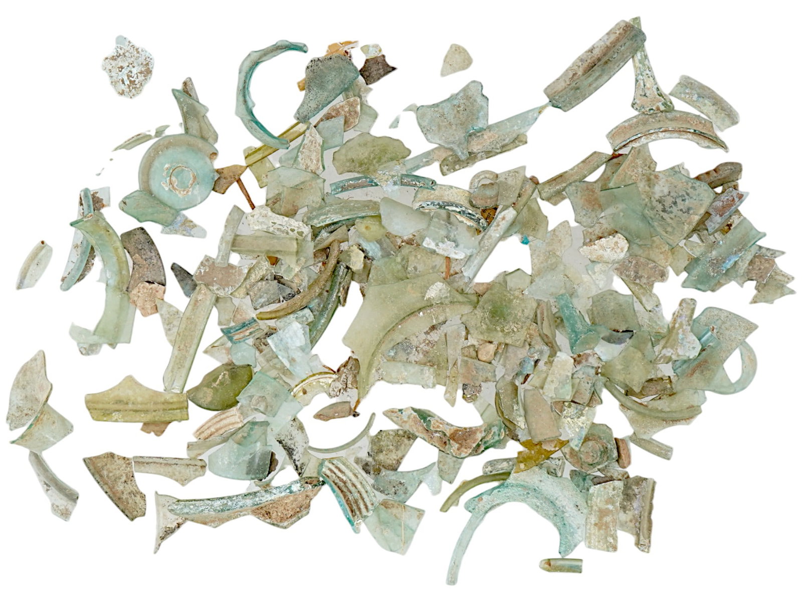 ANCIENT ROMAN PATINA WITH IRIDESCENT GLASS SHARDS: A collection of ancient Roman glass shards in various sizes and shapes. Ca. 100 BC to 100 AD. The pieces are decorated with patina with iridescent. Ancient Greco Roman Glass Wares and Collectibles. To