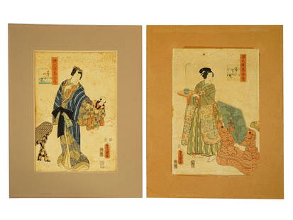 ANTIQUE UTAGAWA KUNISADA JAPANESE WOODBLOCK PRINTS: A lot of two antique 19th century Japanese Ukiyo-e woodblock prints on paper by Utagawa Kunisada also known as Utagawa Toyokuni III, Japanese 1786 to 1865. Signed. The first artwork depicts the scene