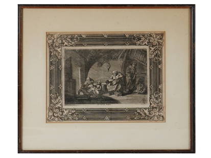 ANTIQUE DUTCH ETCHING AFTER ADRIAEN VAN OSTADE: An antique etching depicting an interior genre scene after Adriaen van Ostade, Dutch, 1610 to 1685. Print made by: Anton Joseph Prenner. The engraving depicts an interior of a rustic house with a woma