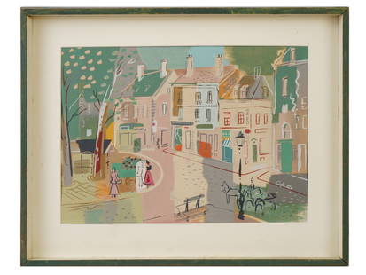 CHARLES COBELLE FRENCH CITYSCAPE COLOR LITHOGRAPH: Color lithograph on paper by Charles Cobelle, 1902 to 1994, a French-American artist considered the last representative of the Open Line School of Paris. The artwork depicts a Parisian street with bou