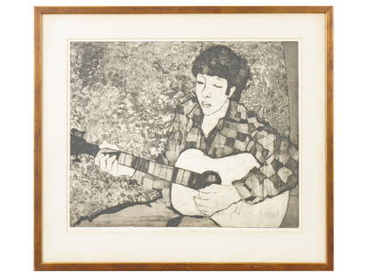LIZA FONER AMERICAN MALE PORTRAIT LTD ED ETCHING: Etching on paper by Liza Foner, 1909 to 2005, an American artist and art teacher. The piece depicts a man playing the guitar. Titled Guitar Player in the bottom middle. Signed by the artist in the low