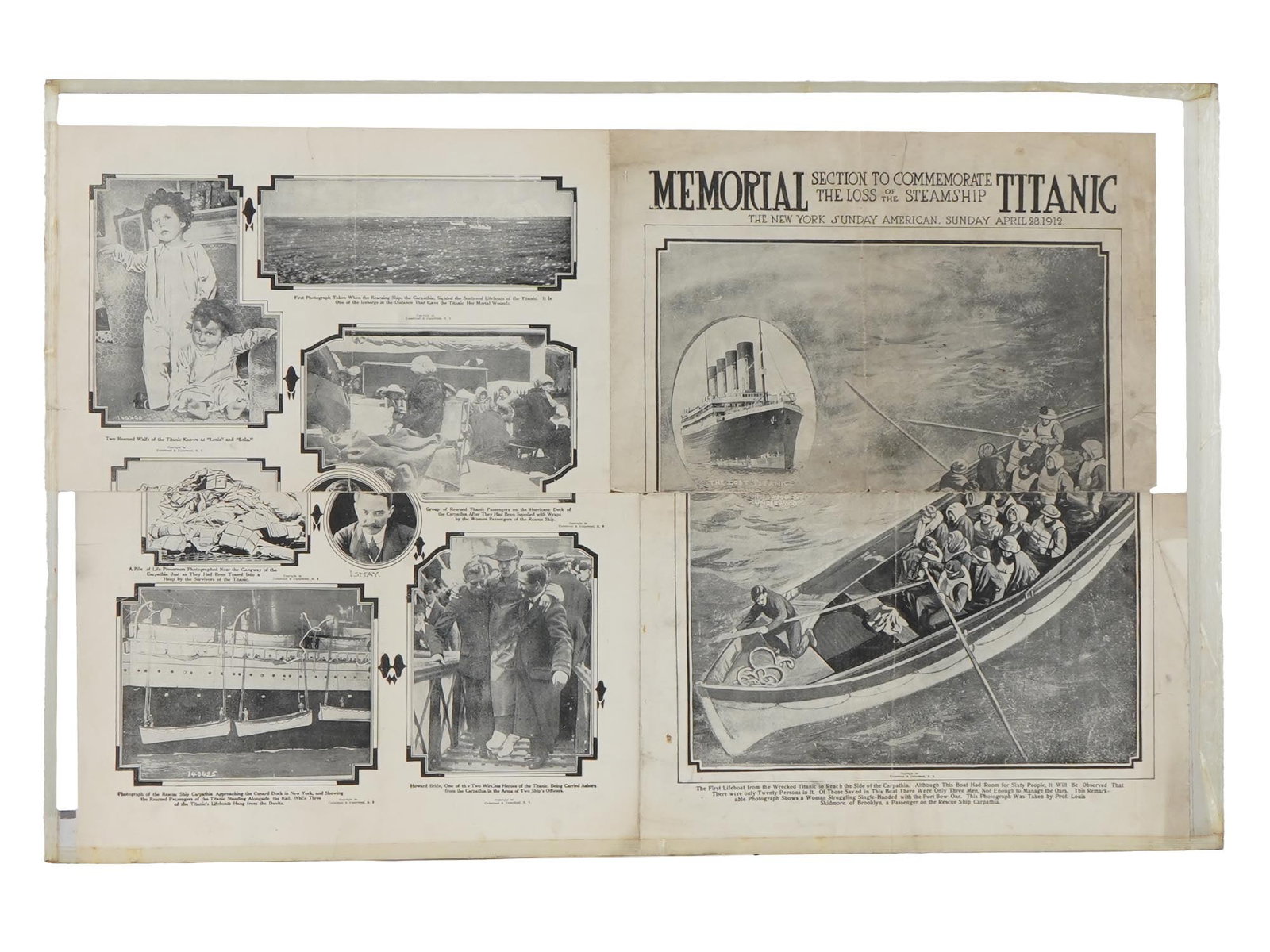 TITANIC SPECIAL 1912 THE NEW YORK SUNDAY AMERICAN: Memorial Section to Commemorate the Loss of the Steamship Titanic. The New York Sunday American, April 28th, 1912. A newspaper spread with photos. Framed. Historical Collectibles, Memorabilia, Journal