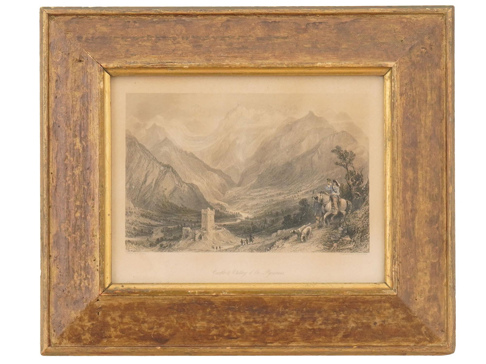 ENGLISH MOUNTAIN VIEW ENGRAVING AFTER THOMAS ALLOM: An engraving on paper, Cityscape Mountain View of Bagneres de Luchon Pyrenees. Engraved by J. Templeton after Thomas Allom, 1804 to 1872, an English architect, artist, and topographical illustrator. T