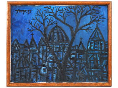 MID CENTURY INDIAN CITYSCAPE OIL PAINTING: Oil on canvas painting representing a nocturnal architectural landscape. Indian Modernism style. Signed and dated 1961 in the upper left. Wooden frame. Collectible Contemporary Oriental Fine Art.