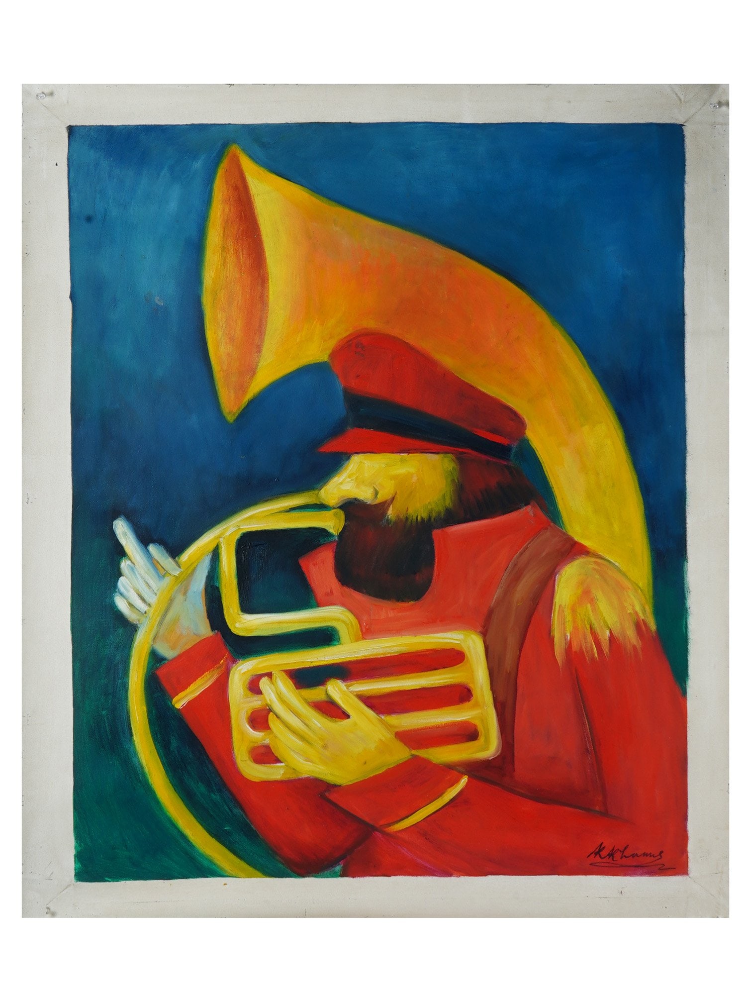 SIGNED KRISHEN KHANNA INDIAN OIL PAINTING TUBA PLAYER: An oil painting on canvas depicting a tuba player in the uniform. Signed lower right Krishen Khanna. The artist is an Indian painter, born in 1925, known for his abstracted figurative artworks depicti