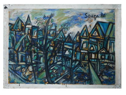 INDIAN LANDSCAPE OIL PAINTING SIGNED F.N SOUZA: Oil on canvas painting signed Souza and dated 1986 in the upper right. The artwork depicts an architectural panorama. Unframed. Francis Newton Souza, also known as F.N. Souza, 1924 to 2002, was a pion