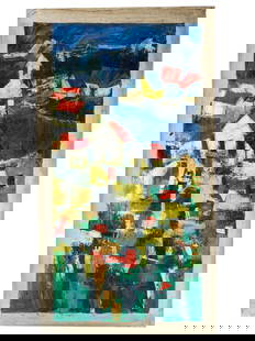INDIAN CITY OIL PAINTING SIGNED SAYED HAIDER RAZA: An oil painting on canvas depicting an abstract expressionist townscape. Signed, Raza, and dated 1968, upper right and on the back side. Syed Raza is known for Abstract, highly colored painting, lands