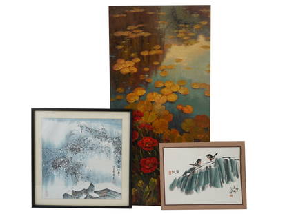 LOT OF ASIAN WATERCOLOR PAINTINGS AND OIL PAINTING: A lot of three paintings. The lot includes two Asian, Chinese and Japanese, watercolor and ink painting on paper depicting a winter rural view and a portrait of two birds seated on a branch; inscribed